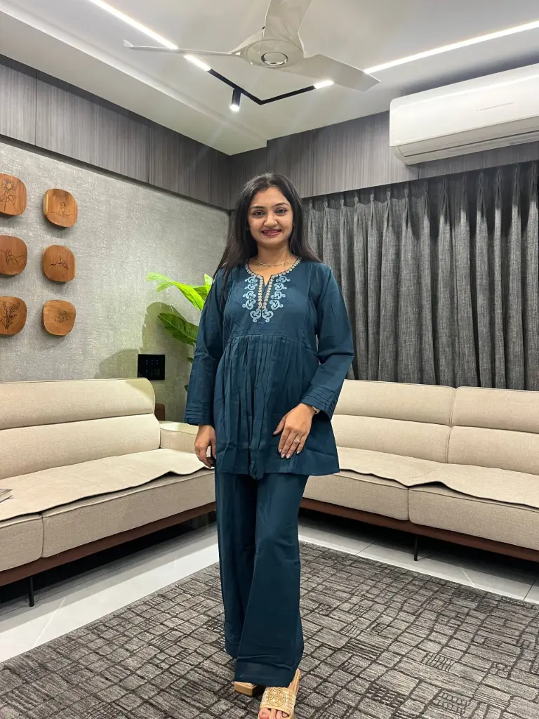 Teal Grace Embroidered Cotton Co-Ord Set