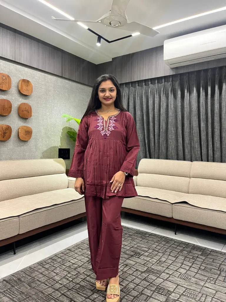 Wine Elegance Embroidered Co-Ord Set