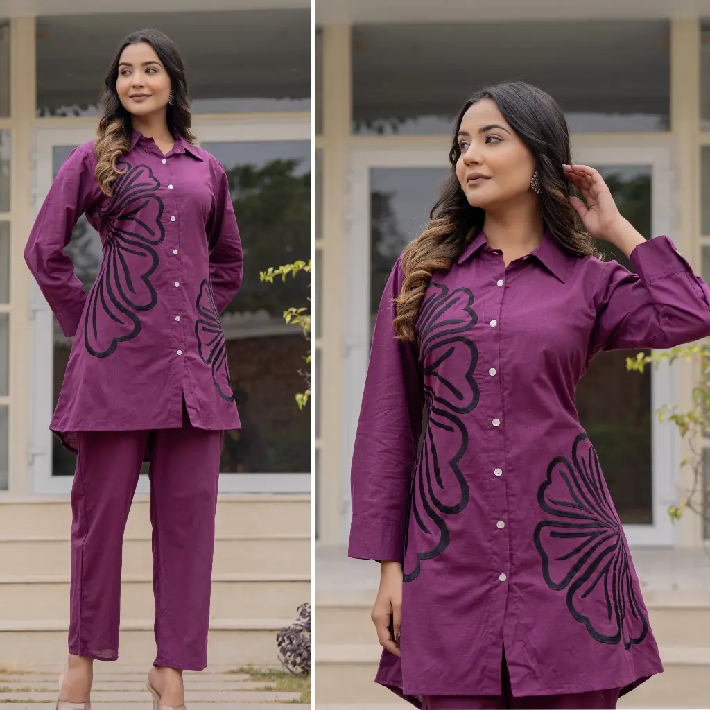 Purple Martin Cotton Embroidery Half Flower Co Ord Set