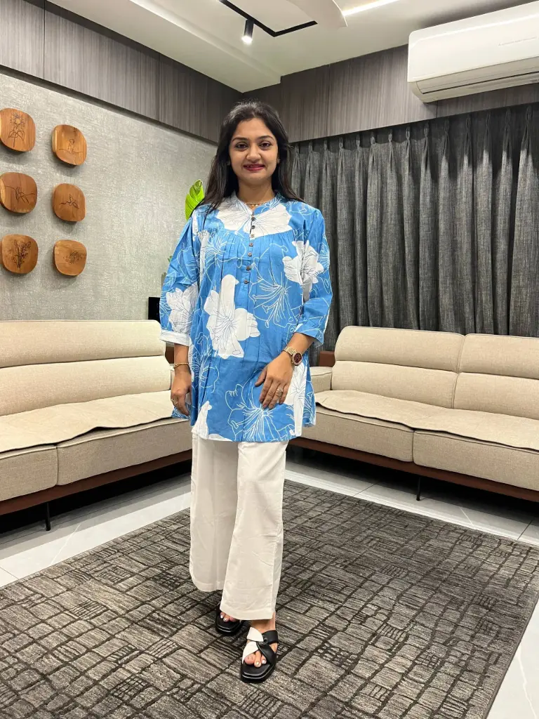 Sky Blue Floral Print Cotton Tunic