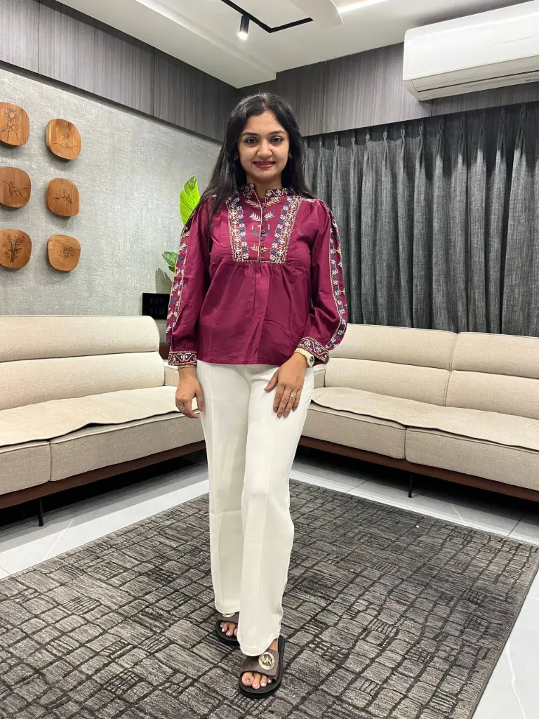 Wine Blossom Embroidered Cotton Top