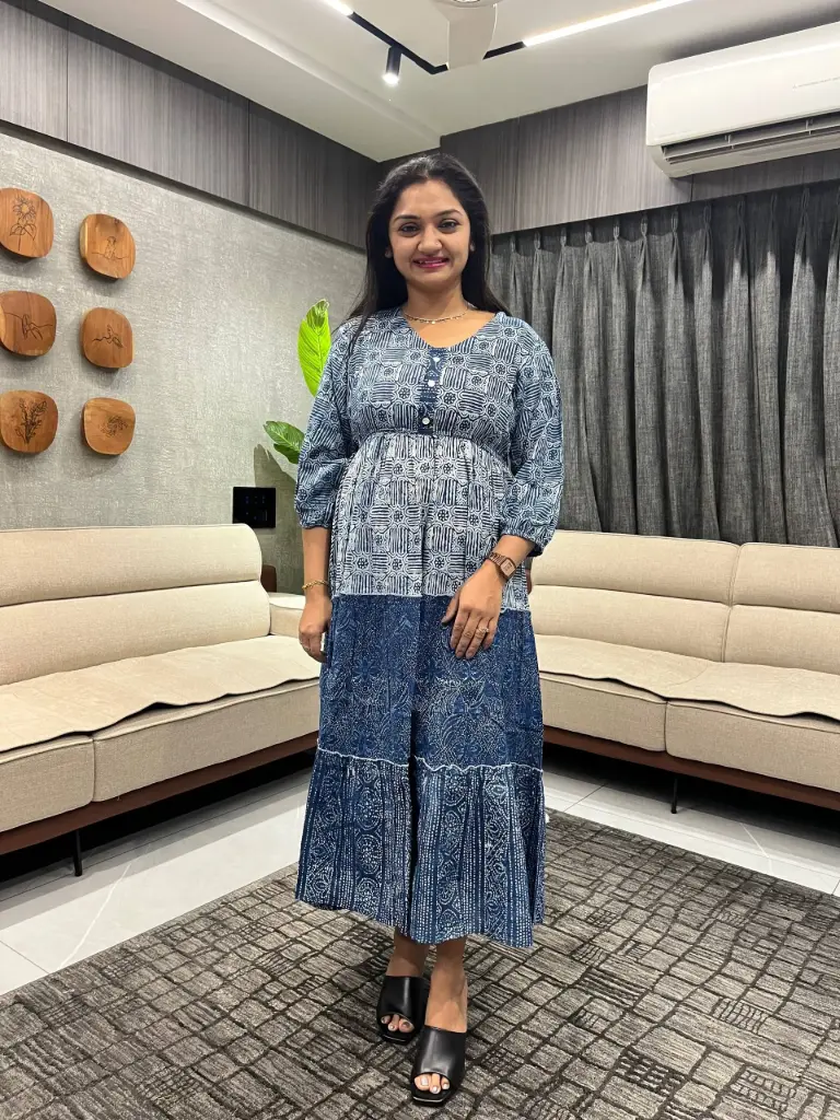 Indigo Ajrakh Print Pure Cotton Long Dress