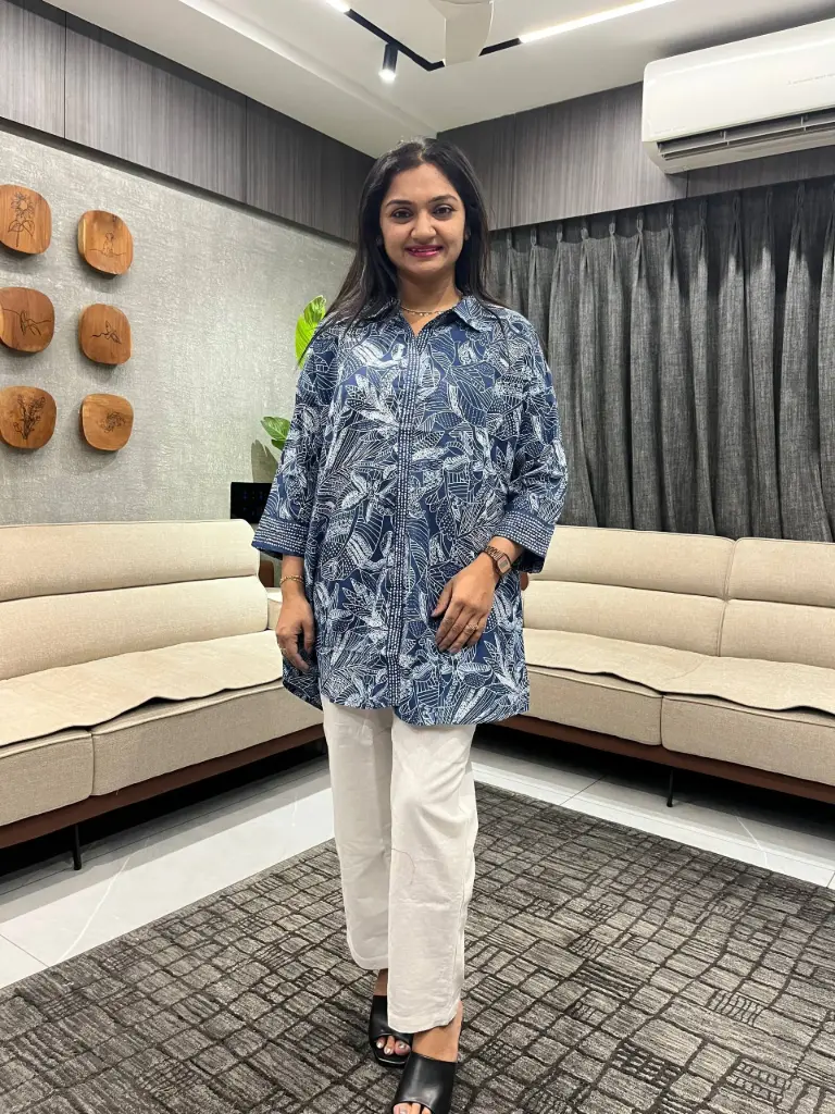 Indigo Leaf Line Print Pure Cotton Shirt Tunic