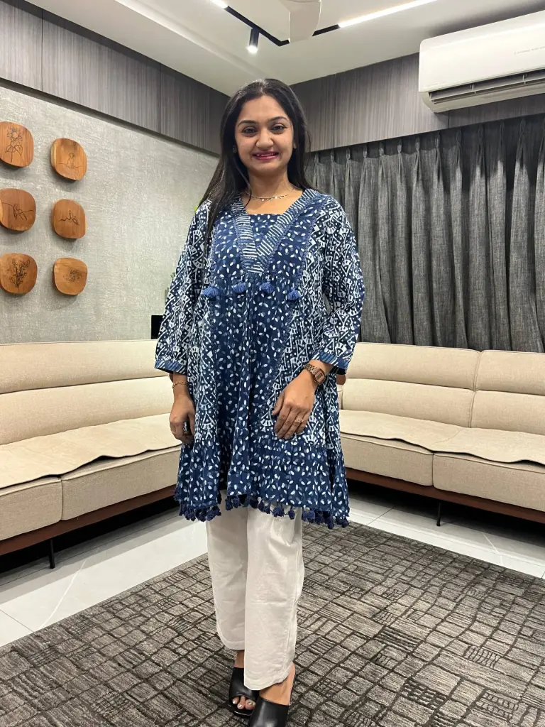 Indigo Ajrakh Print Pure Cotton Tunic with Handwork