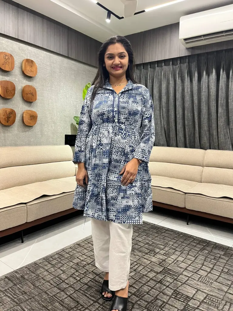 Indigo Ajrakh Print Pure Cotton Shirt Collar Tunic