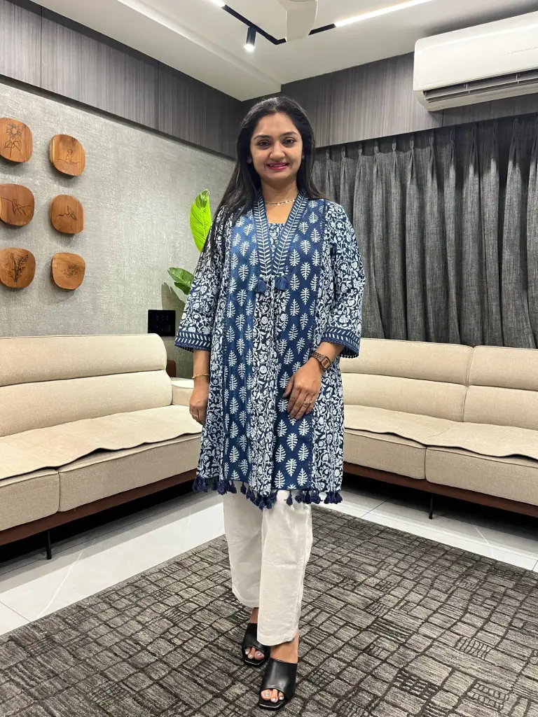 Indigo Ajrakh Print Pure Cotton Tunic with Handwork