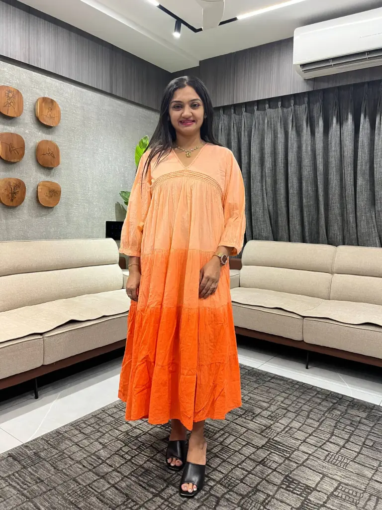 Peach Orange Shaded Dobby Cotton Dress