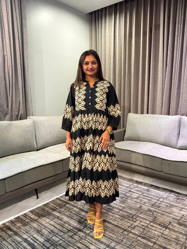 Black Shibori Print Cotton Long Dress
