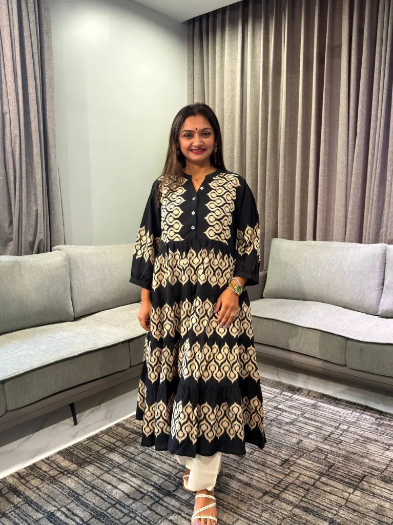 Black Shibori Print Cotton Long Dress