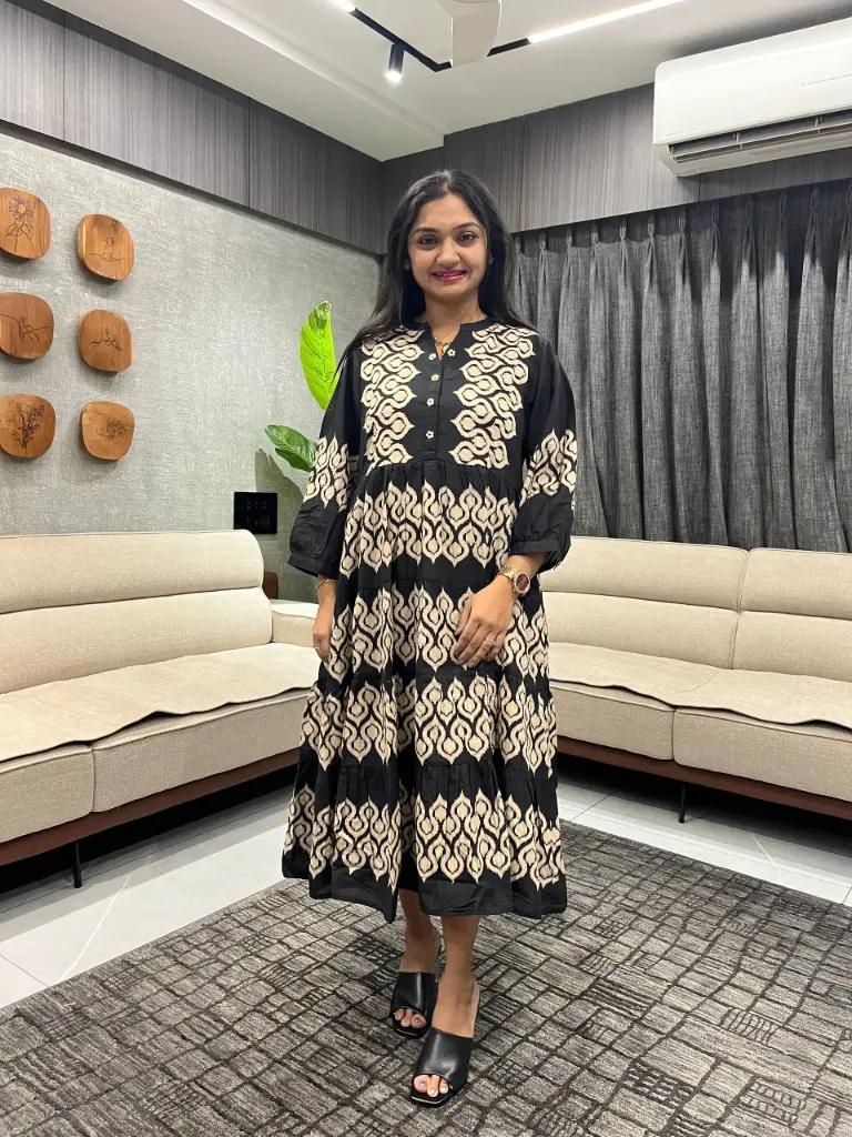 Black Shibori Print Cotton Long Dress