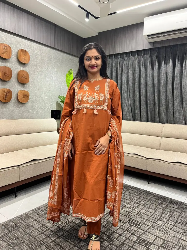 Rust Dangi Print Cotton 3-Piece Set