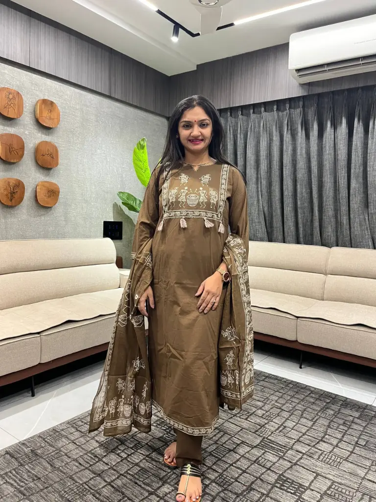 Olive Brown Dangi Print Cotton 3-Piece Set