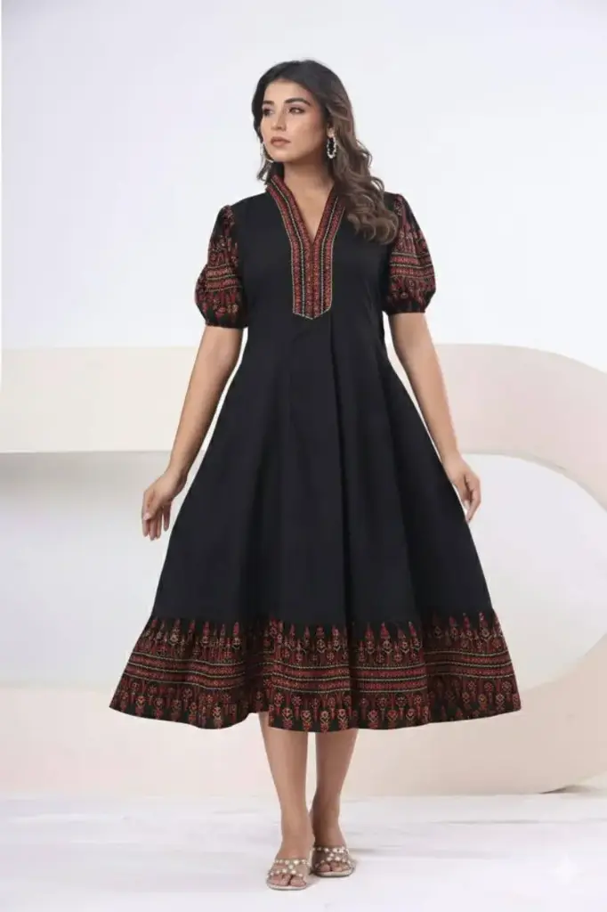 Black Ajrakh Pure Mull Cotton Midi Dress