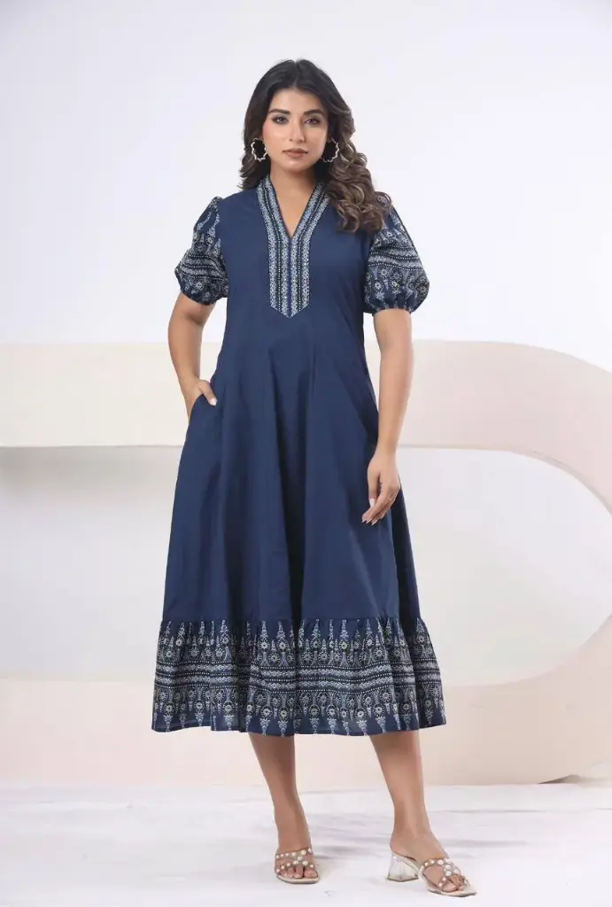 Navy Blue Ajrakh Pure Mull Cotton Midi Dress