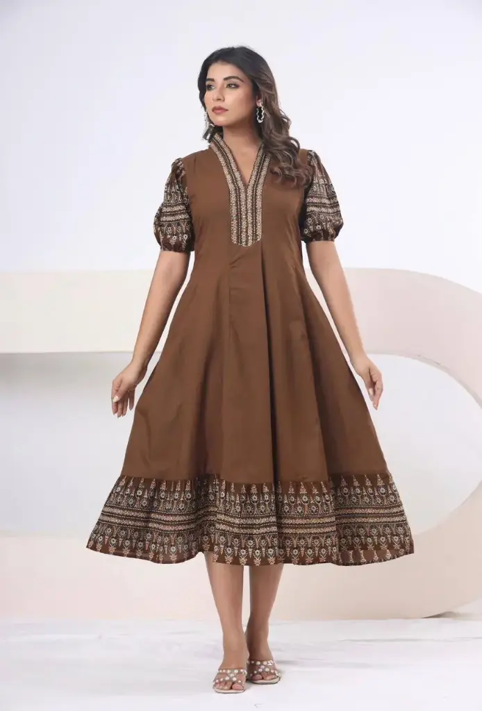 Brown Ajrakh Pure Mull Cotton Midi Dress