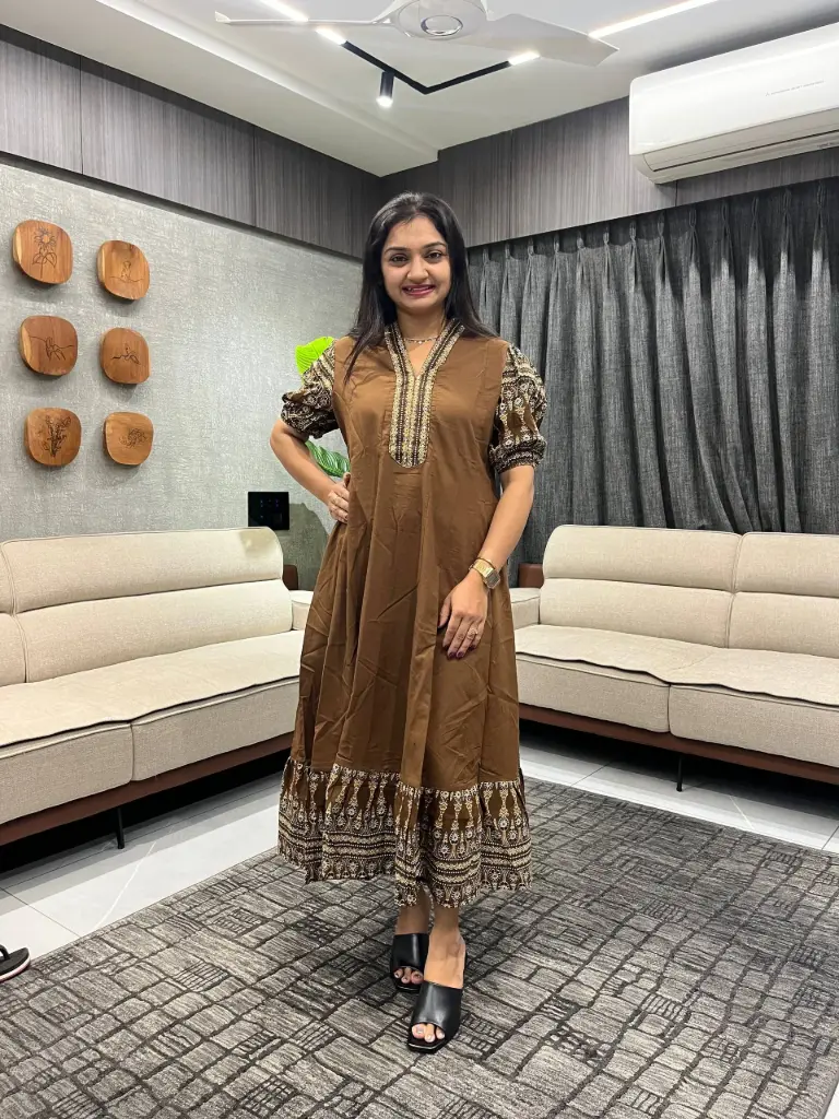 Brown Ajrakh Pure Mull Cotton Midi Dress