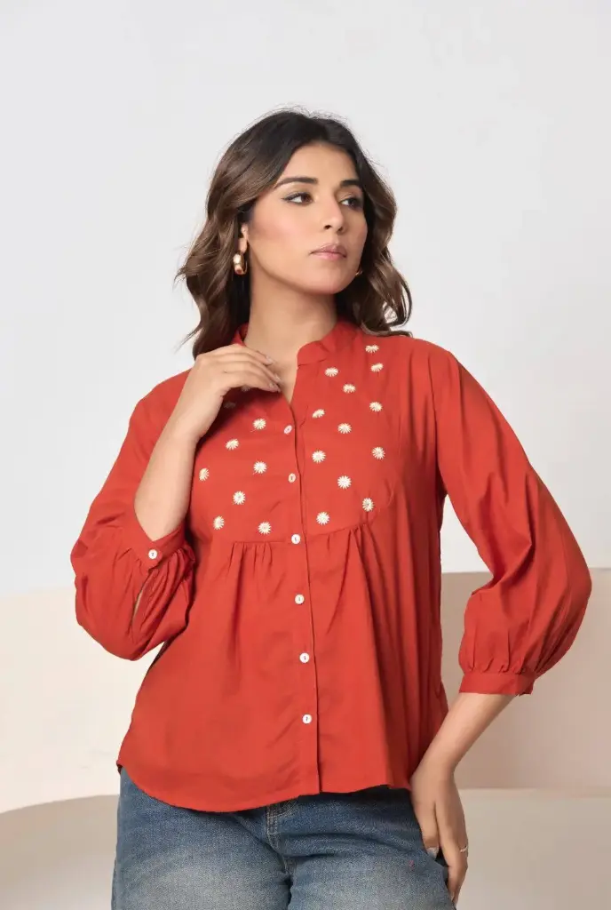 Rust Embroidered Pure Cotton Top