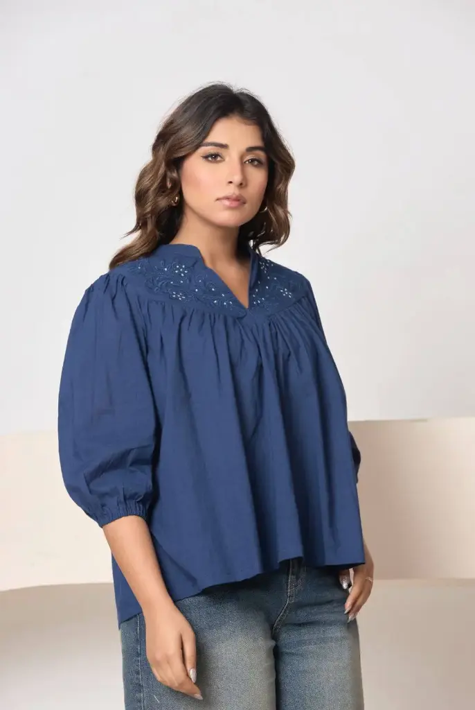 Navy Blue Embroidered Pure Cotton Top