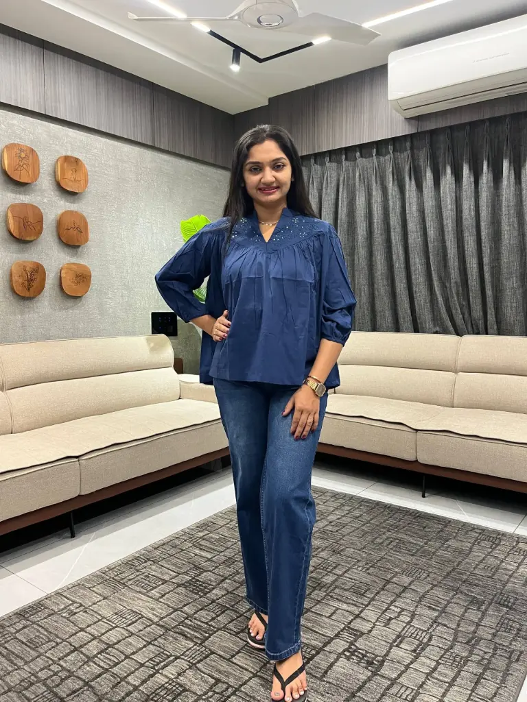 Navy Blue Embroidered Pure Cotton Top