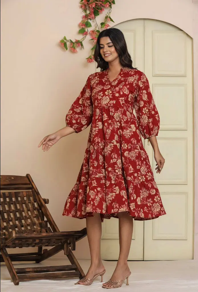 Crimson Bloom Cotton Dress