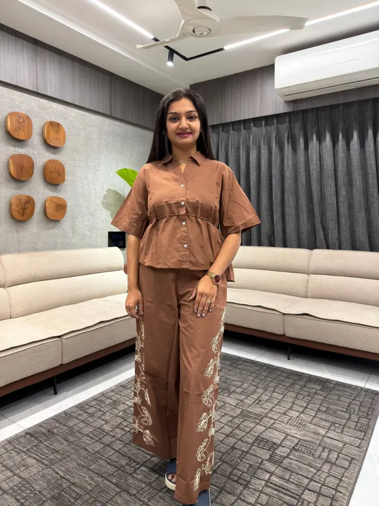 Brown Embroidered Cotton Co-Ord Set
