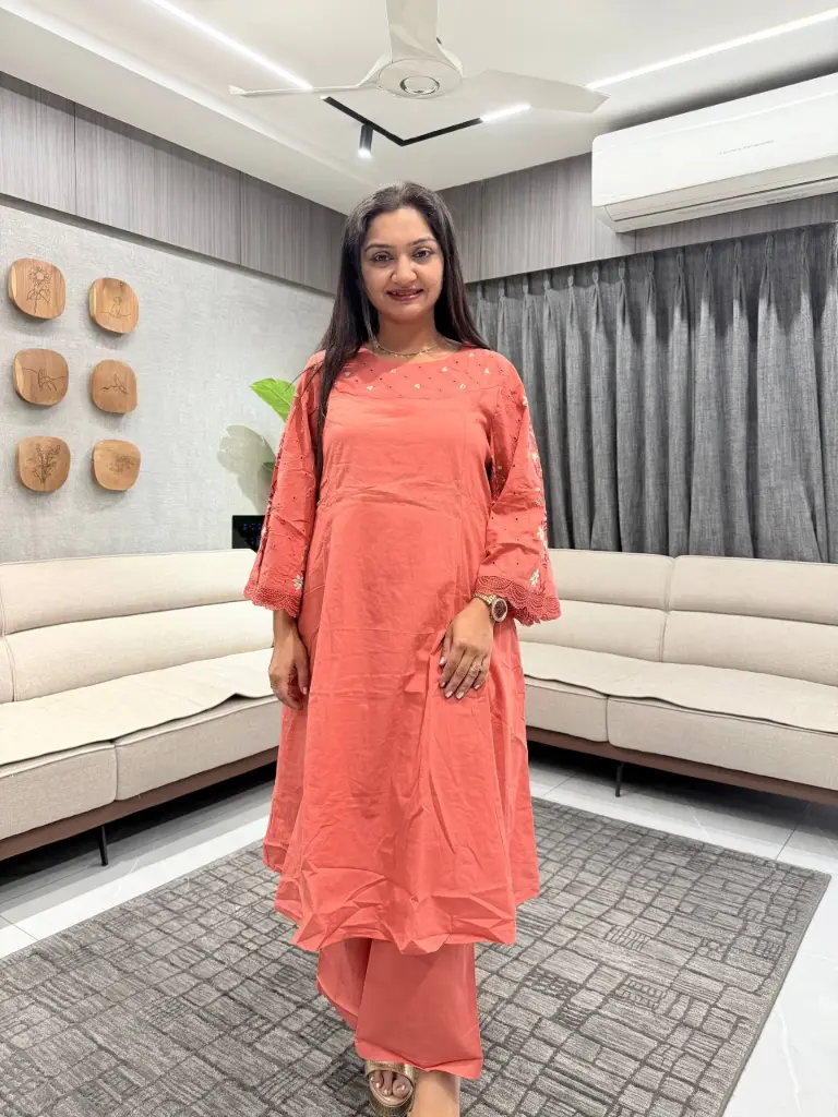 Peach Embroidered Cotton Kurta Palazzo Set