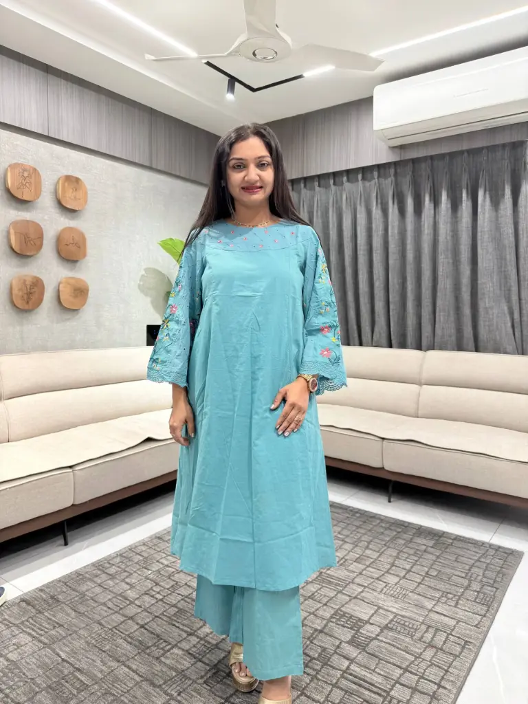 Sky Blue Embroidered Cotton Kurta Palazzo Set