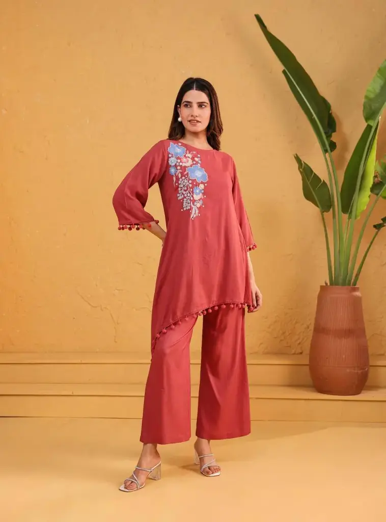 Terracotta Bloom Hand-Embroidered Cotton Cord Set