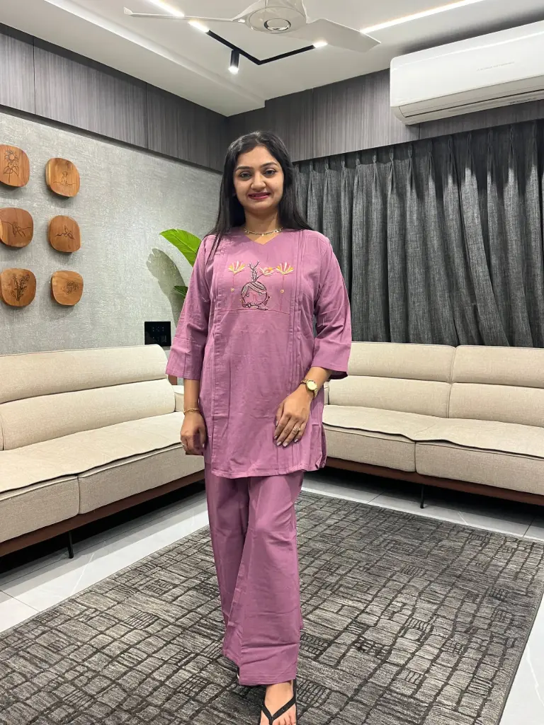 Cotton Embroidered Face Design Co-ord Set