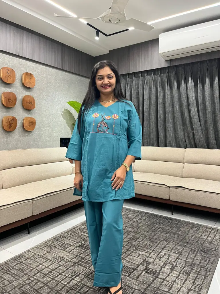 Teal Blue Cotton Embroidered Cord Set