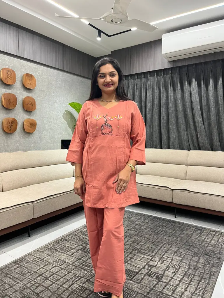 Peach Cotton Embroidered Cord Set