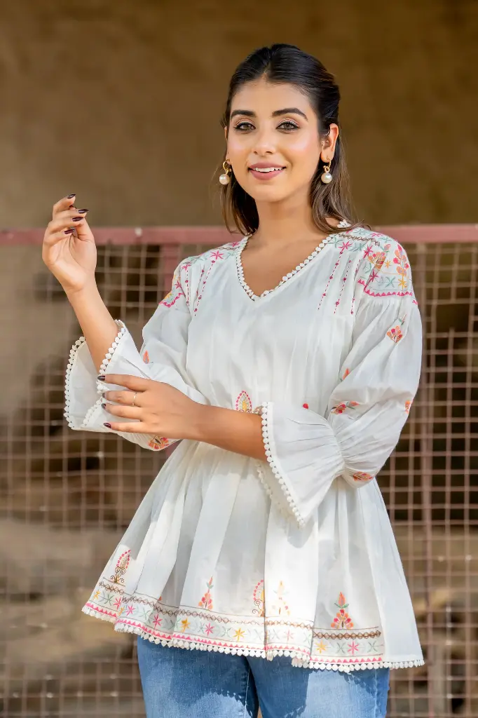 Ivory Glow Top with Multicolor Floral Embroidery