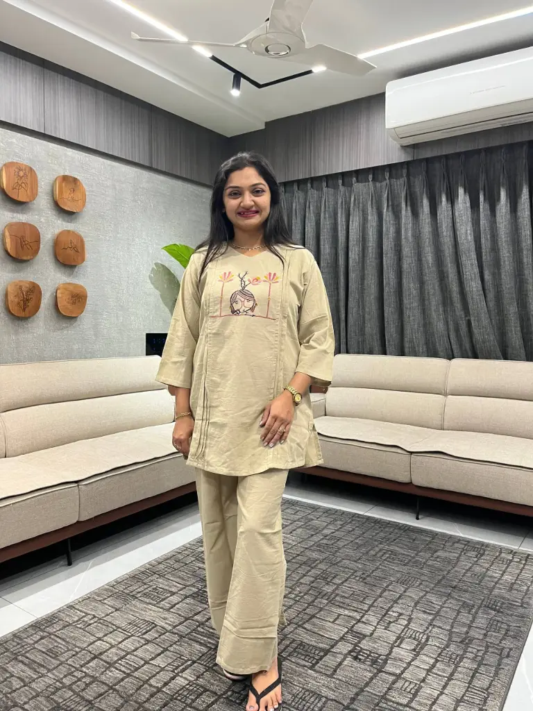 Skin Brown Cotton Embroidered Cord Set