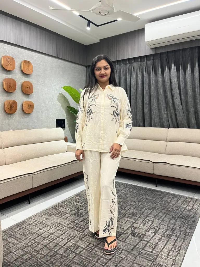 Ivory Elegance Embroidered Cotton Cord Set