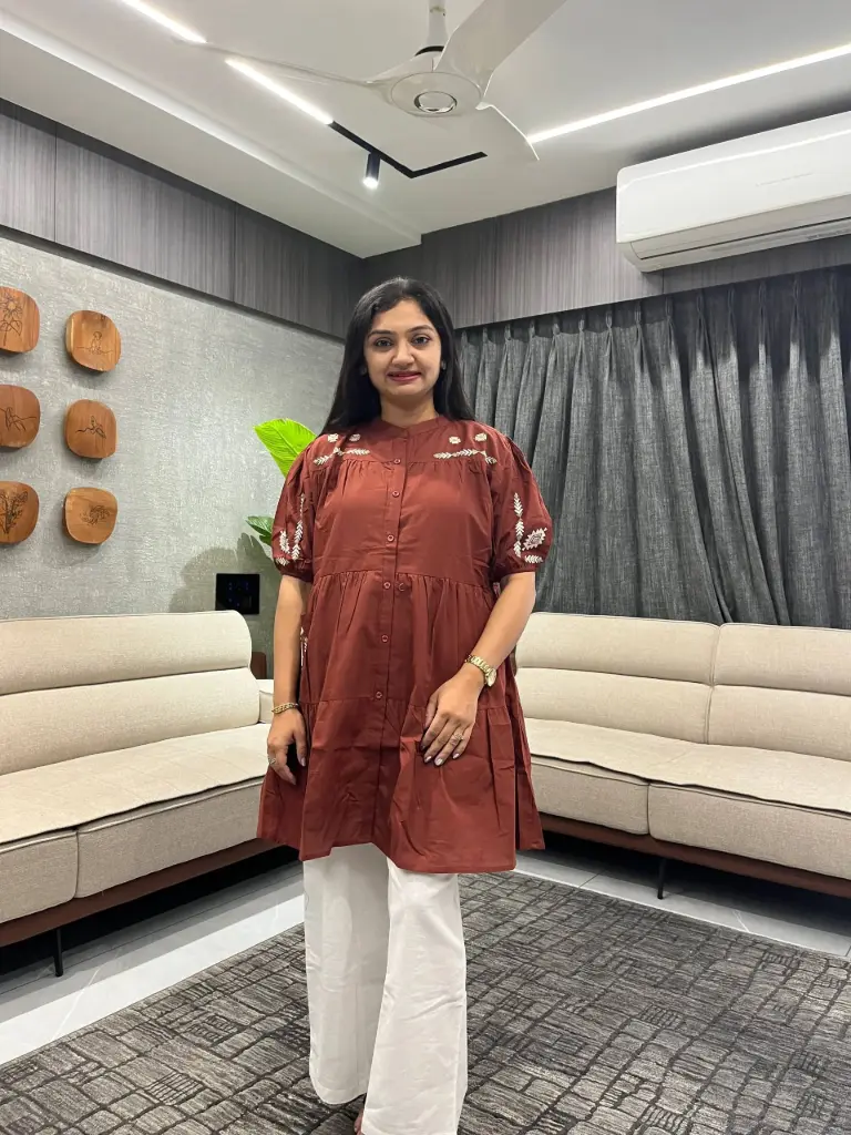 Rust Orange Embroidered Cotton Tunic