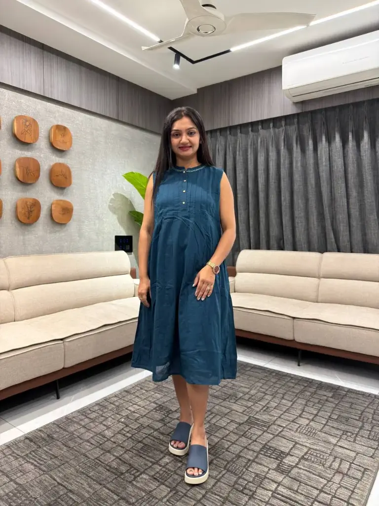 Teal Cotton Solid A-line Western Dress