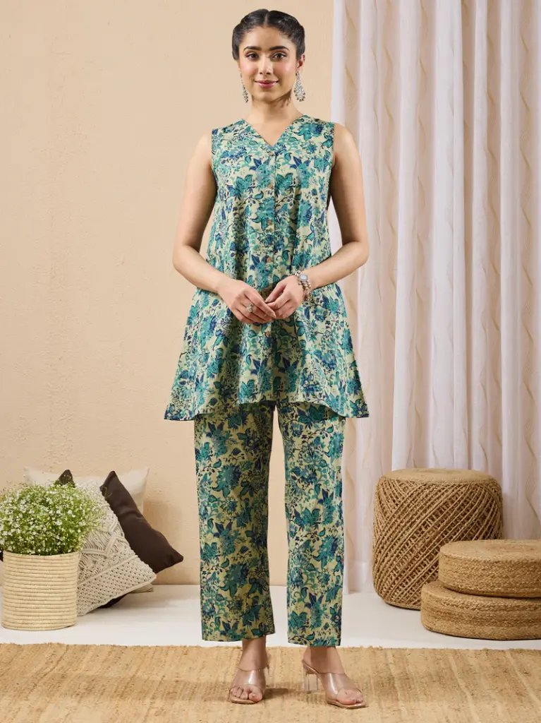 Light Green Pure Cotton Floral Printed A-line Co-ord Set