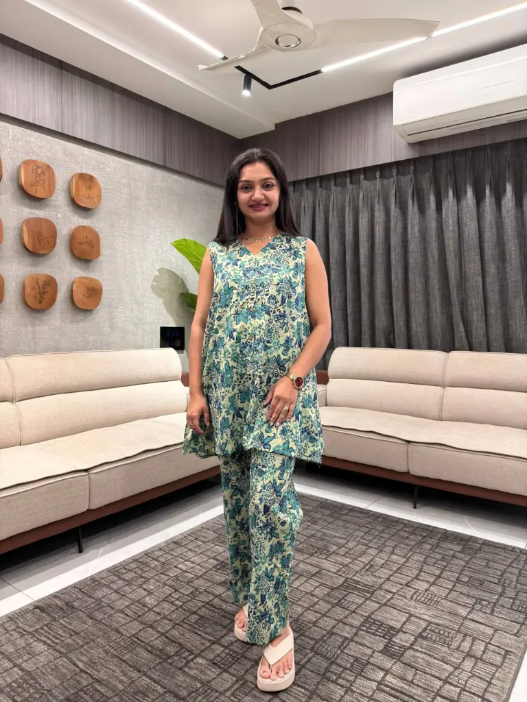 Light Green Pure Cotton Floral Printed A-line Co-ord Set