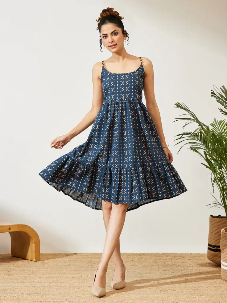 Navy Blue Pure Cotton Abstract Printed A-line Dress