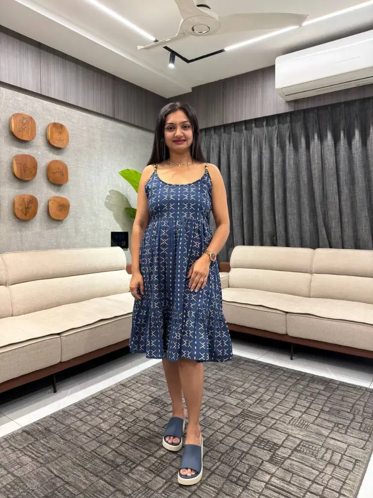 Navy Blue Pure Cotton Abstract Printed A-line Dress