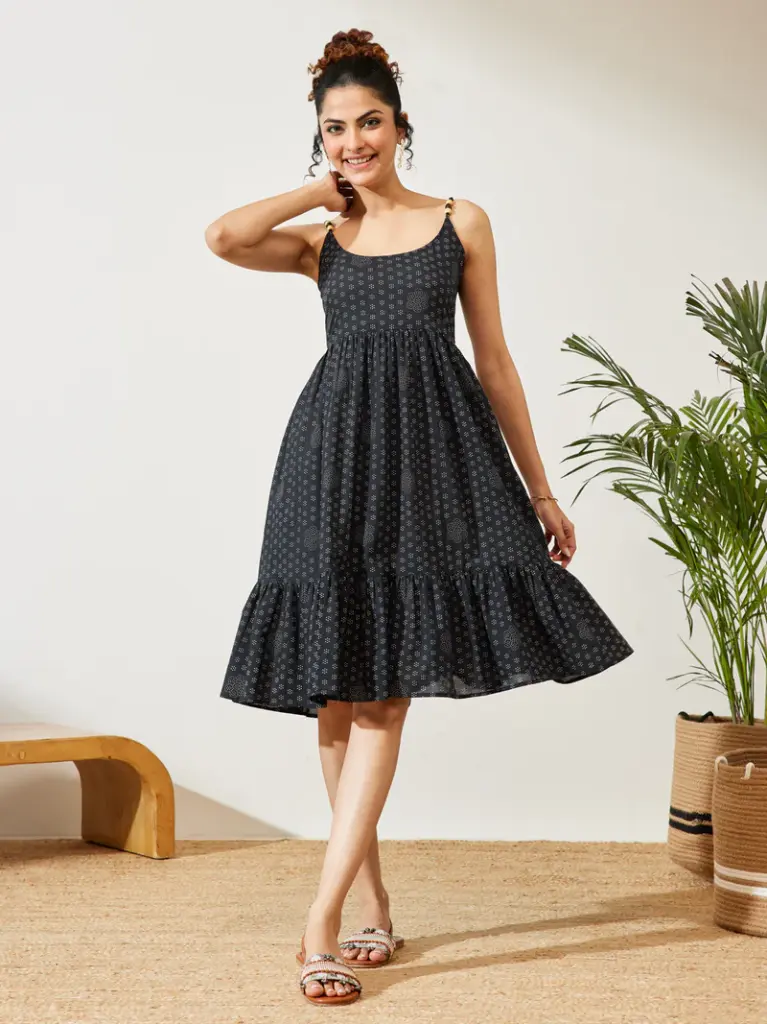 Navy Blue Pure Cotton Ethnic Motifs Printed A-line Dress