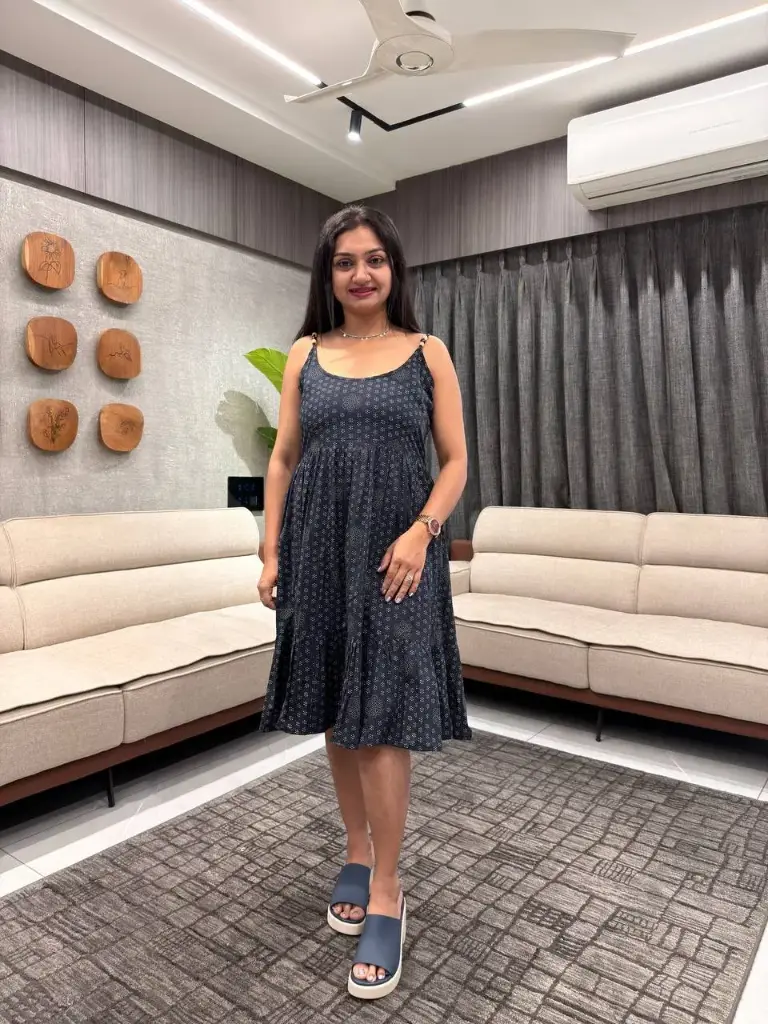 Navy Blue Pure Cotton Ethnic Motifs Printed A-line Dress