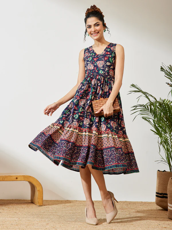 Navy Blue Pure Cotton Floral Prinrted Gathered Dress