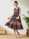 Navy Blue Pure Cotton Floral Prinrted Gathered Dress