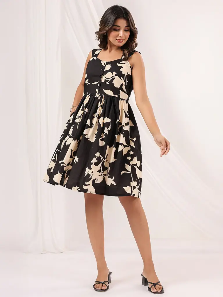 Black & Cream Pure Cotton Floral Printed Fit & Flare Dress