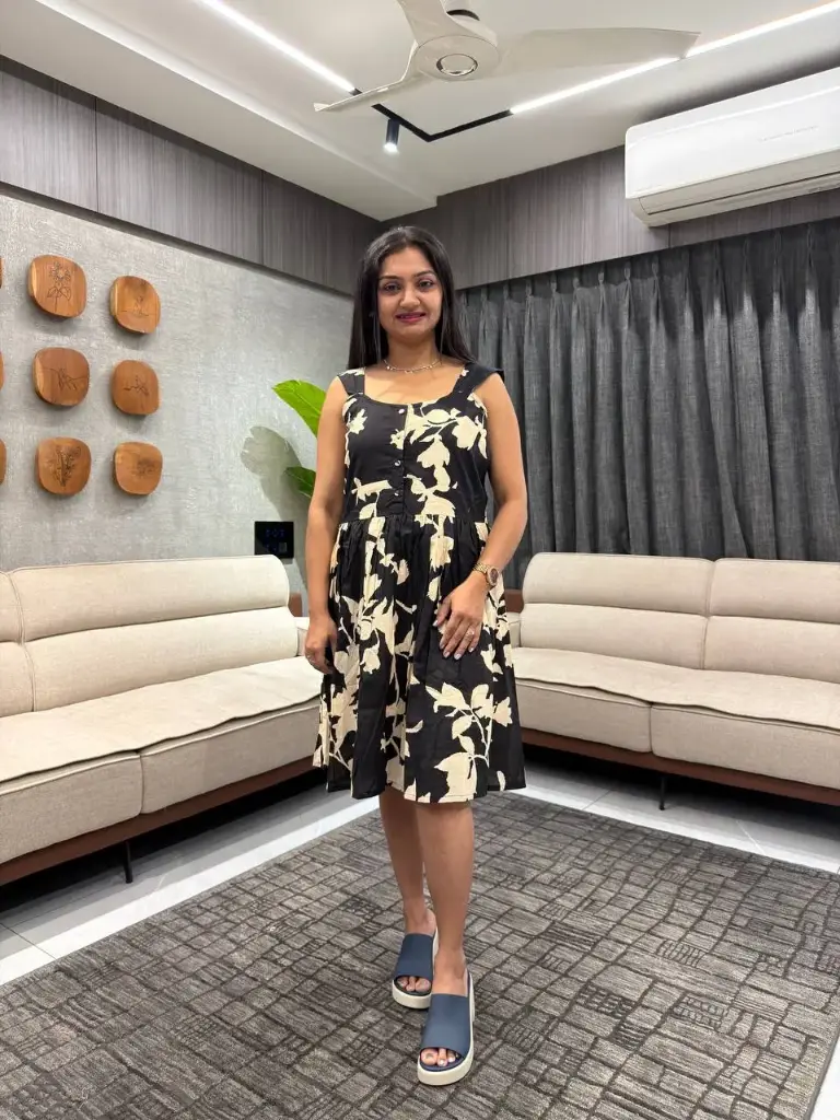 Black & Cream Pure Cotton Floral Printed Fit & Flare Dress