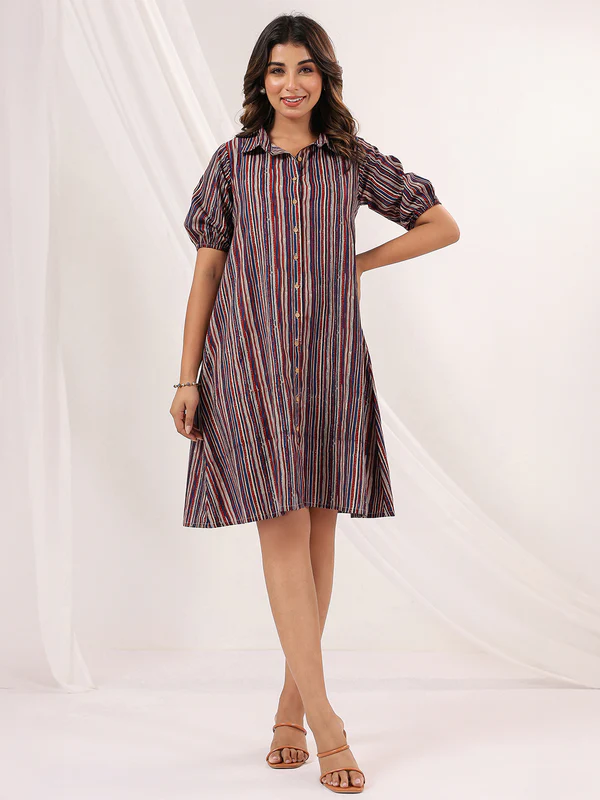 Multicolor Pure Cotton Striped A-line Dress