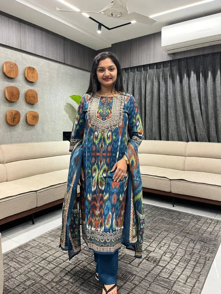 Blue Designer Printed Cotton 3-Piece Suit Set