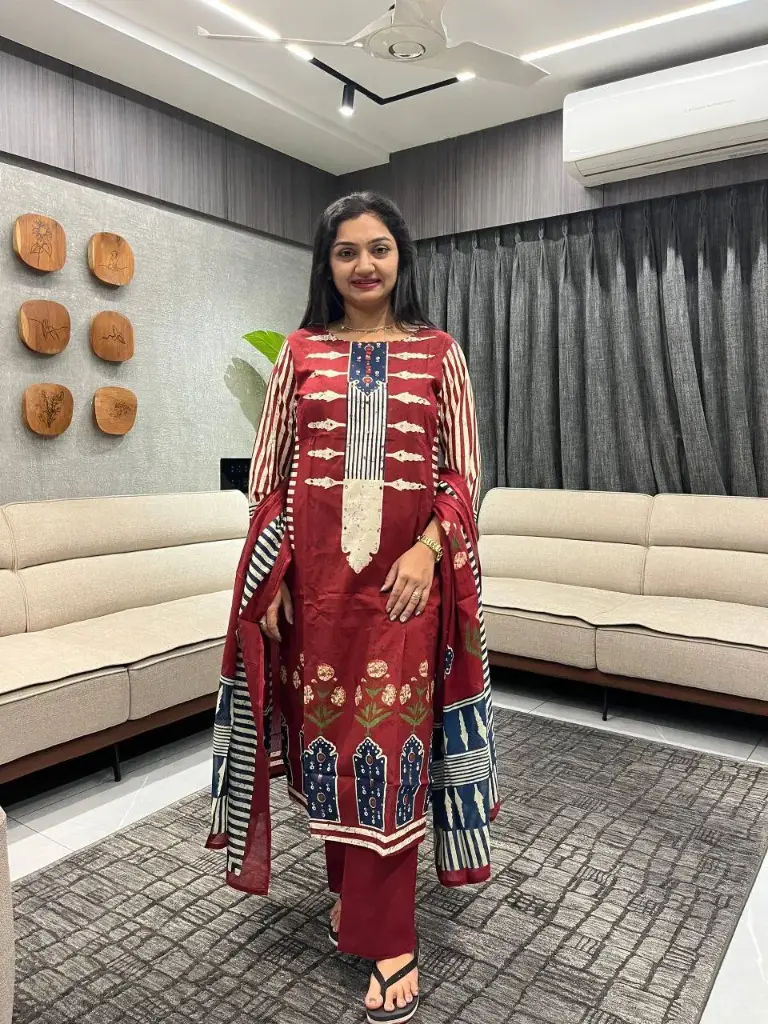 Maroon Heritage Print Cotton Kurta Set