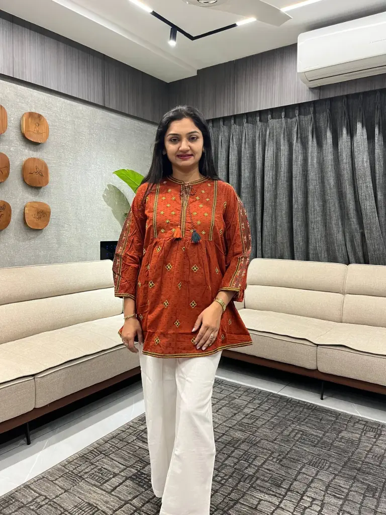 Rust Elegance Dobby Cotton Embroidered Top